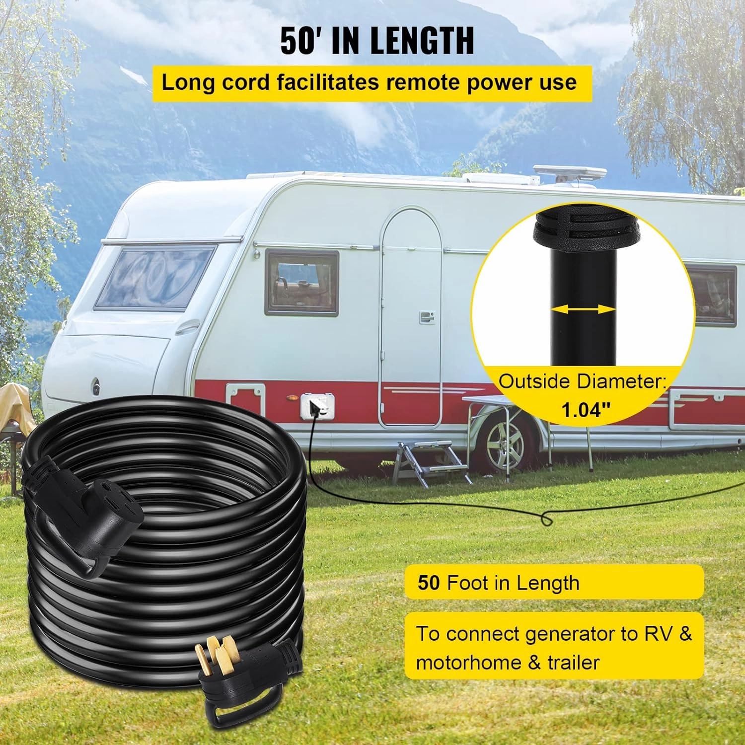 VEVOR 50 FT 50 Amp RV Extension Cord NEMA N14-50P to N14-50R, 125 / 250V Heavy Duty STW 6/3  8/1 RV Power Cord, for EV Charging and RV Trailer Campers