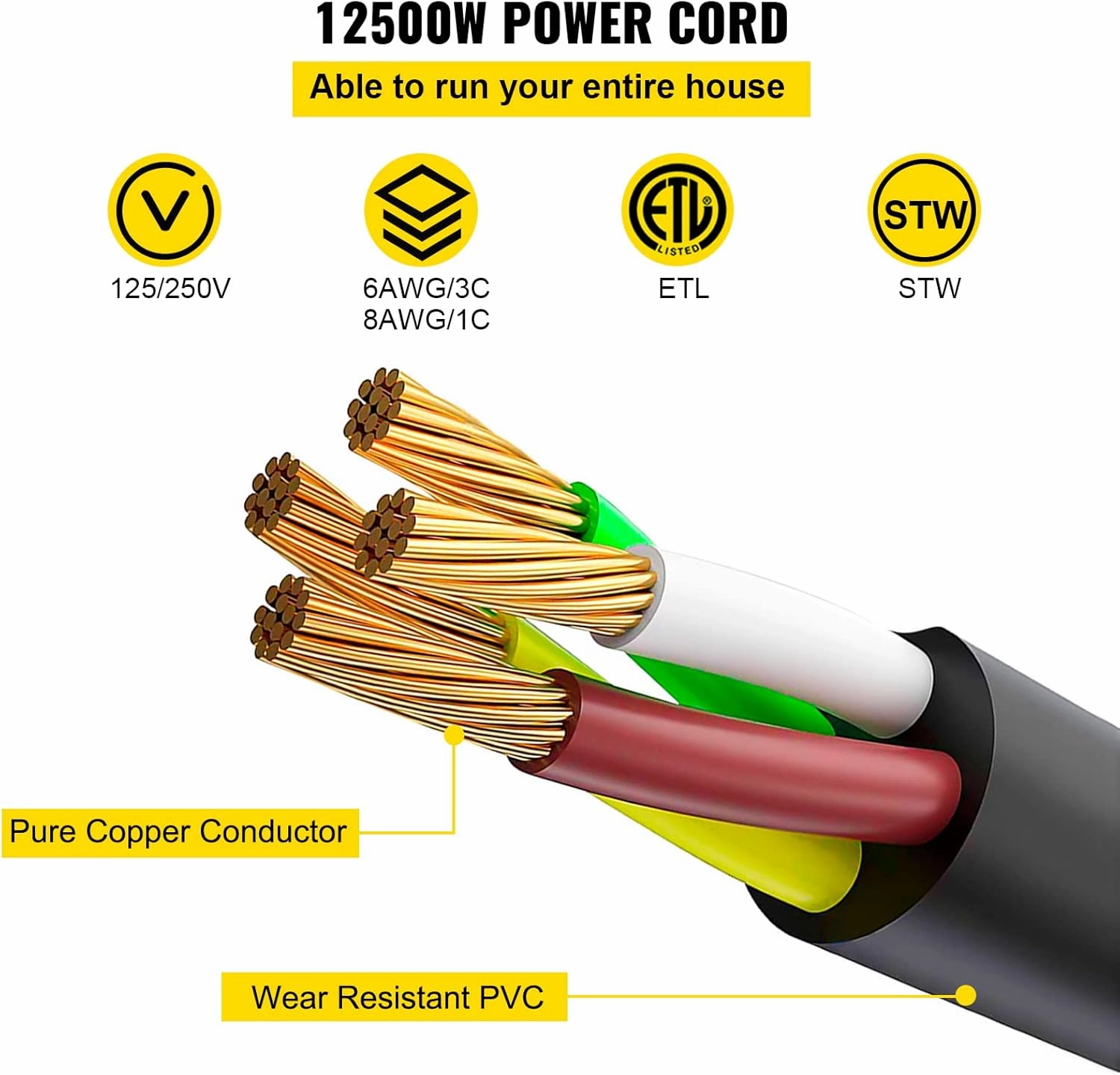 VEVOR 50 FT 50 Amp RV Extension Cord NEMA N14-50P to N14-50R, 125 / 250V Heavy Duty STW 6/3  8/1 RV Power Cord, for EV Charging and RV Trailer Campers