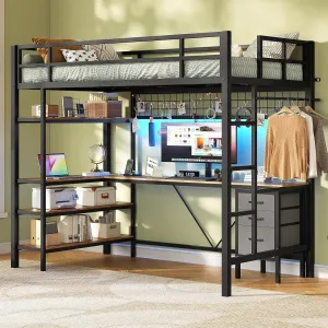 VIAGDO Loft Bed Twin Size with L-Shaped Desk, Charging Station and LED Lights, Twin Loft Bed with 4-Tier Bookshelf and 3 Drawers, Clothes Rail, Safety Guardrail&Ladder, No Box Spring Needed, Black