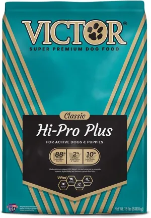 VICTOR Super Premium Dog Food – Hi-Pro Plus Dry Kibble – High Protein Dog Food with 30% Protein – Beef, Chicken, Pork, Fish Meals, Gluten Free - for High Energy and Active Dogs & Puppies, 15lbs