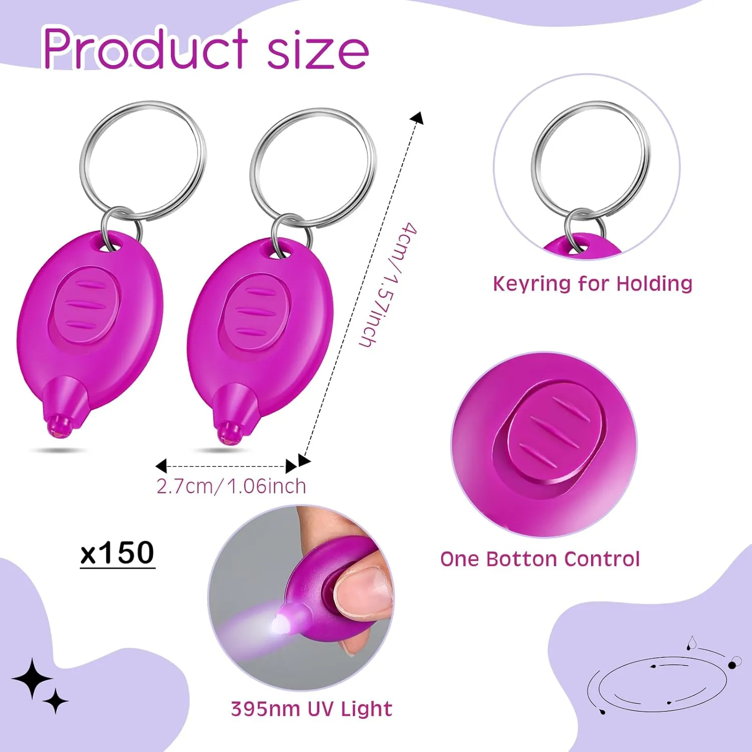 VIHOSE 150 Pcs Mini UV Keychain Flashlight 395nm UV Keychain Light Bulk Portable Tiny LED Light for Detector Pet Urine Passport ID Card and Currency