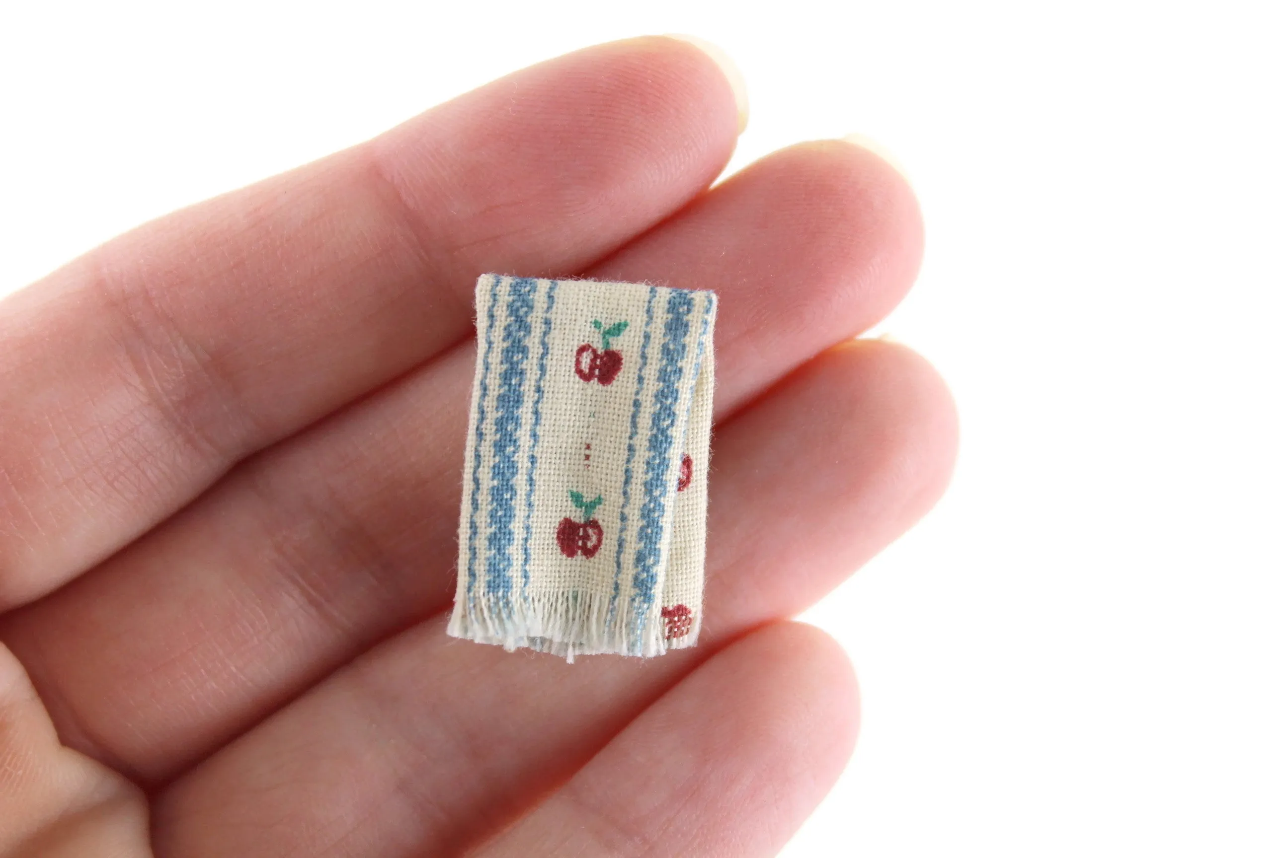 Vintage 1:12 Miniature Dollhouse Blue Stripe and Red Apple Print Dishtowel