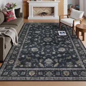Vintage 8x10 Area Rugs for Living Room, Washable Black Foral Rug for Bedroom, Boho Ultra Thin Large Rug, Stain Resistant Floor Carpets for Dining Room Office(8'x10',Black)