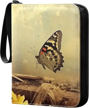 Vintage Butterfly and Flower Card Binder 4 Pocket Collectible Trading Card Albums with 50 Sleeves Double Side PU Waterproof 3 Ring for Sports & Game Cards