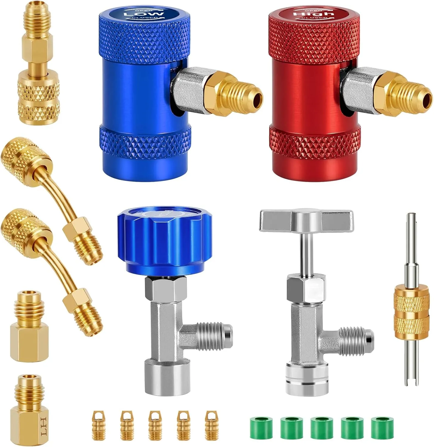WADEO R1234yf Adapter Kit, AC Gauge Hose Conversion Adapters Including R1234yf Quick Coupler, R1234yf Can Tap, R410A Adapter, Tank Adapter and Valve Core Remover for R1234YF refrigerant Charging