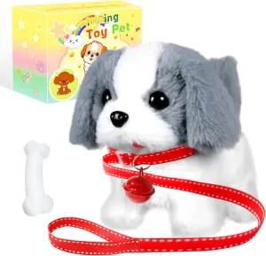 Walking Barking Plush Puppy Toy Dog - Electronic Pet with Leash, Bell, Bone, Christmas Birthday Gifts for Kids Ages 3-8
