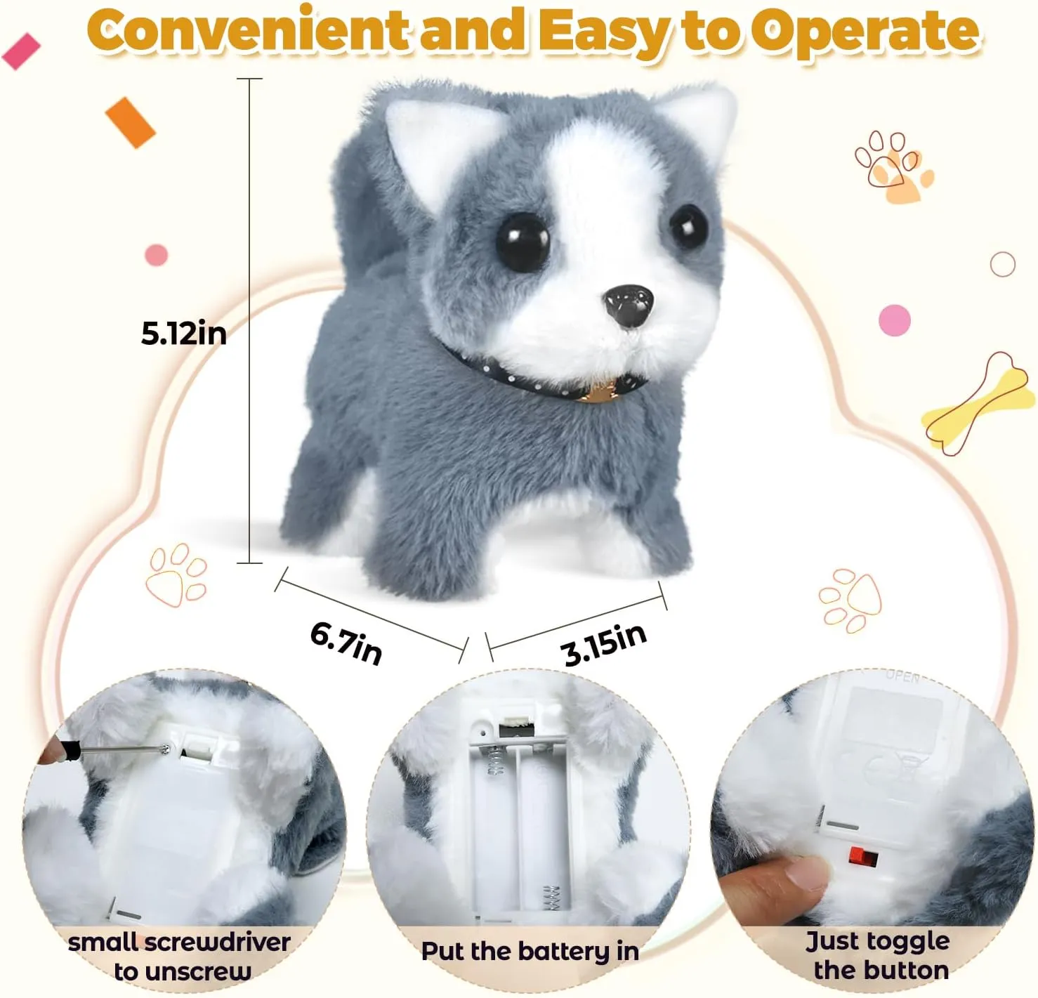 Walking Barking Plush Puppy Toy Dog - Electronic Pet with Leash, Bell, Bone, Christmas Birthday Gifts for Kids Ages 3-8