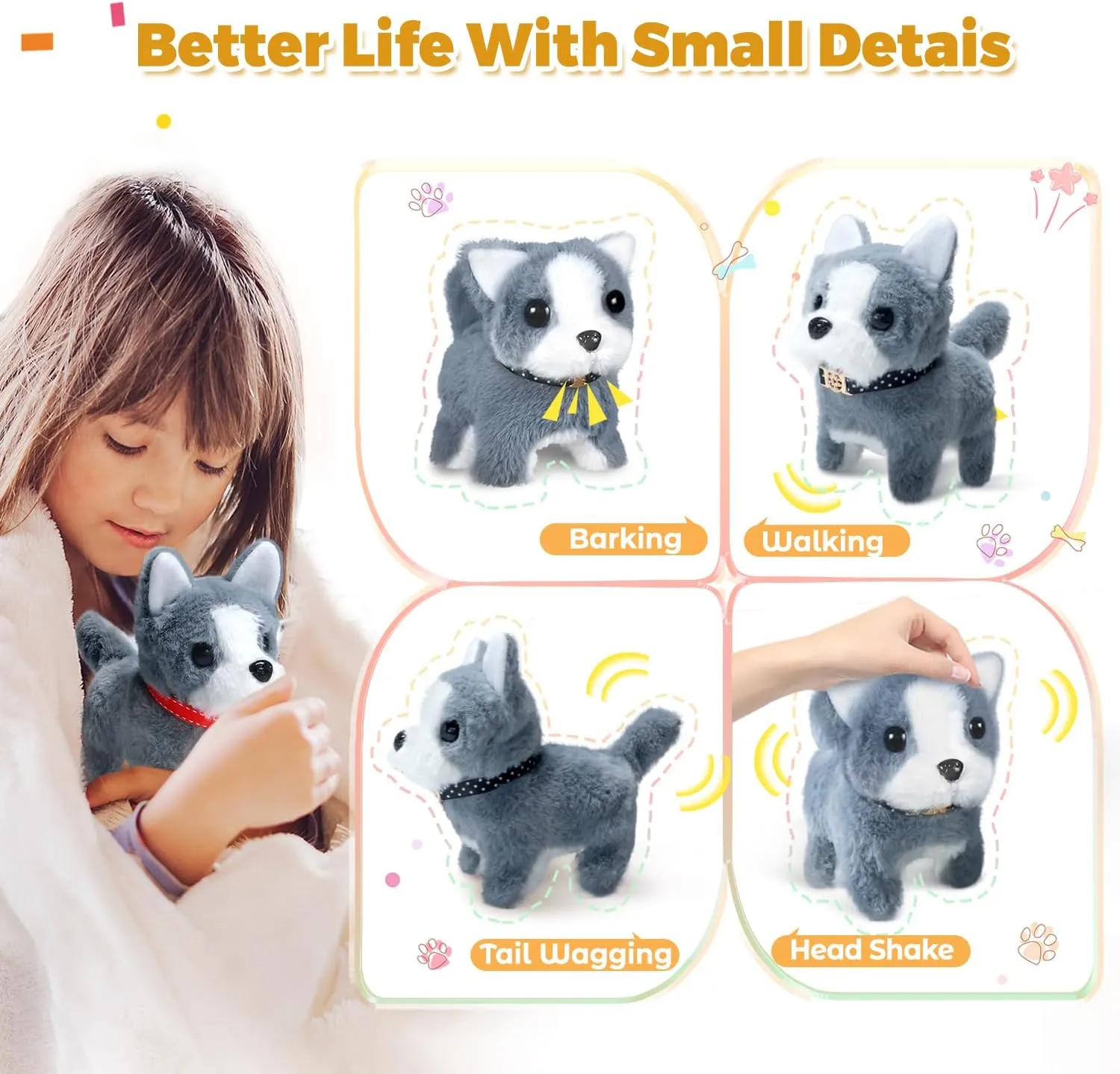 Walking Barking Plush Puppy Toy Dog - Electronic Pet with Leash, Bell, Bone, Christmas Birthday Gifts for Kids Ages 3-8
