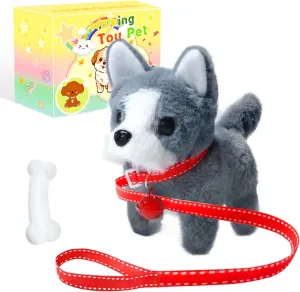 Walking Barking Plush Puppy Toy Dog - Electronic Pet with Leash, Bell, Bone, Christmas Birthday Gifts for Kids Ages 3-8