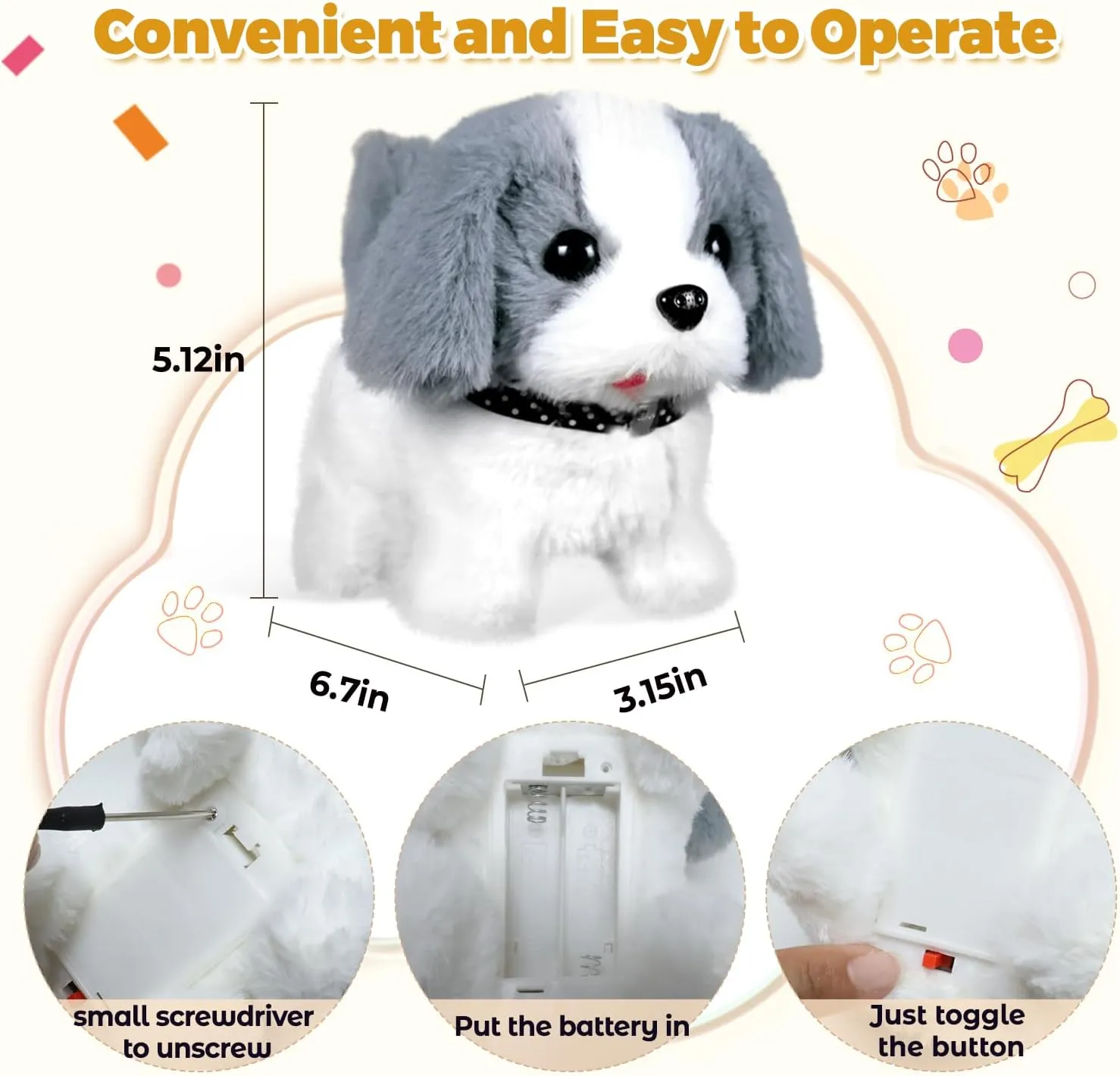 Walking Barking Plush Puppy Toy Dog - Electronic Pet with Leash, Bell, Bone, Christmas Birthday Gifts for Kids Ages 3-8
