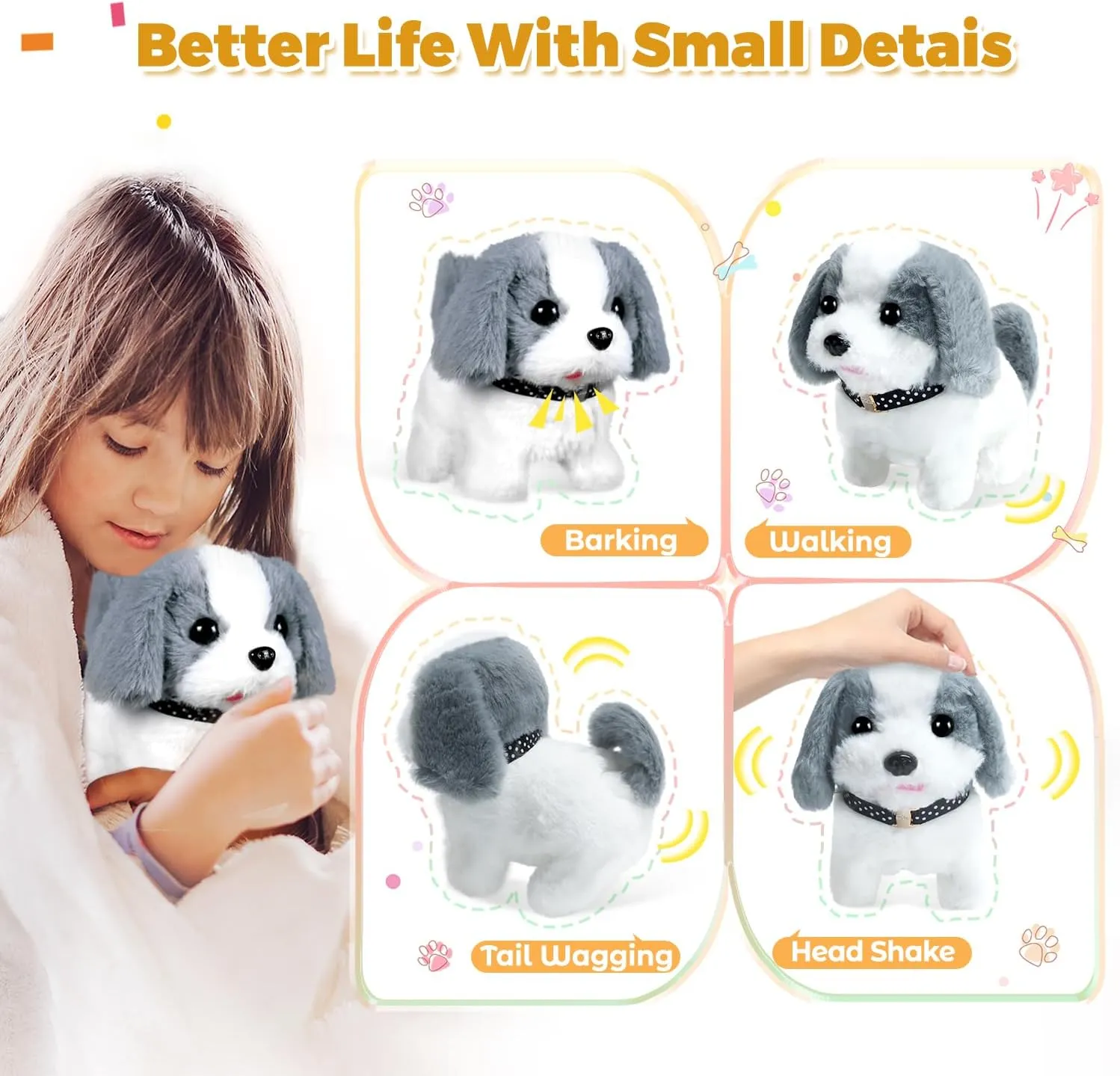 Walking Barking Plush Puppy Toy Dog - Electronic Pet with Leash, Bell, Bone, Christmas Birthday Gifts for Kids Ages 3-8