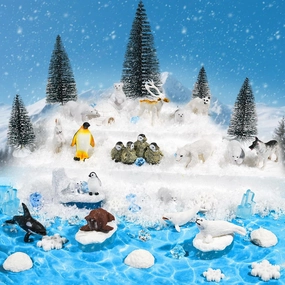 Warmtree 46 Pcs Arctic Animals Figurines Set Includes 22 Polar Bear Penguin Animals Figurines 6 Mini Pine Trees 18 Artificial Lceberg Fake Snow Ripple Water Sticker Ocean Habitat Diorama Supplies