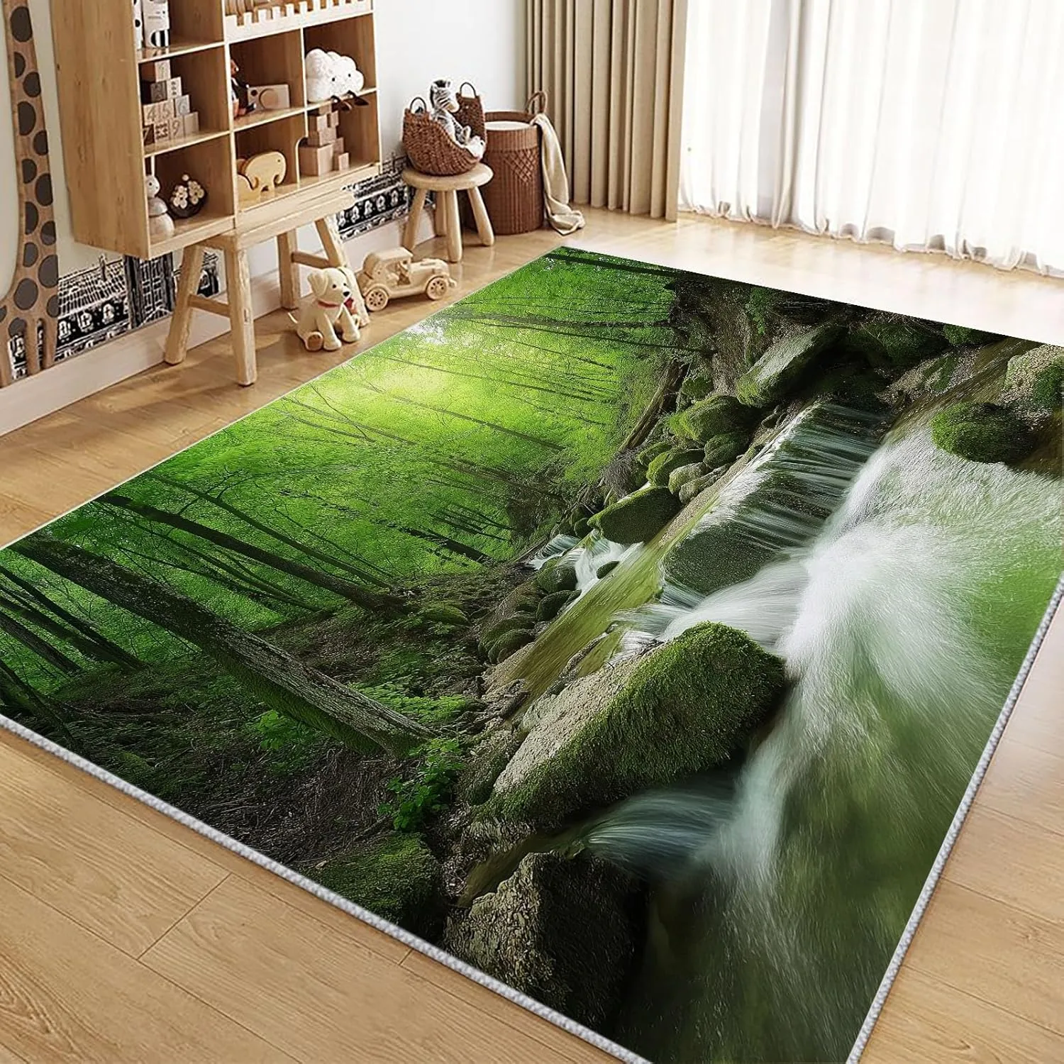 Washable Area Rugs 4 x 6 ft Carpet, Jungle Scenery River Decor Rugs, Rock Plants Long Runner Non-Slip Rugs, Pet & Child Friendly Carpets, for Living Room Bedroom Kids Room