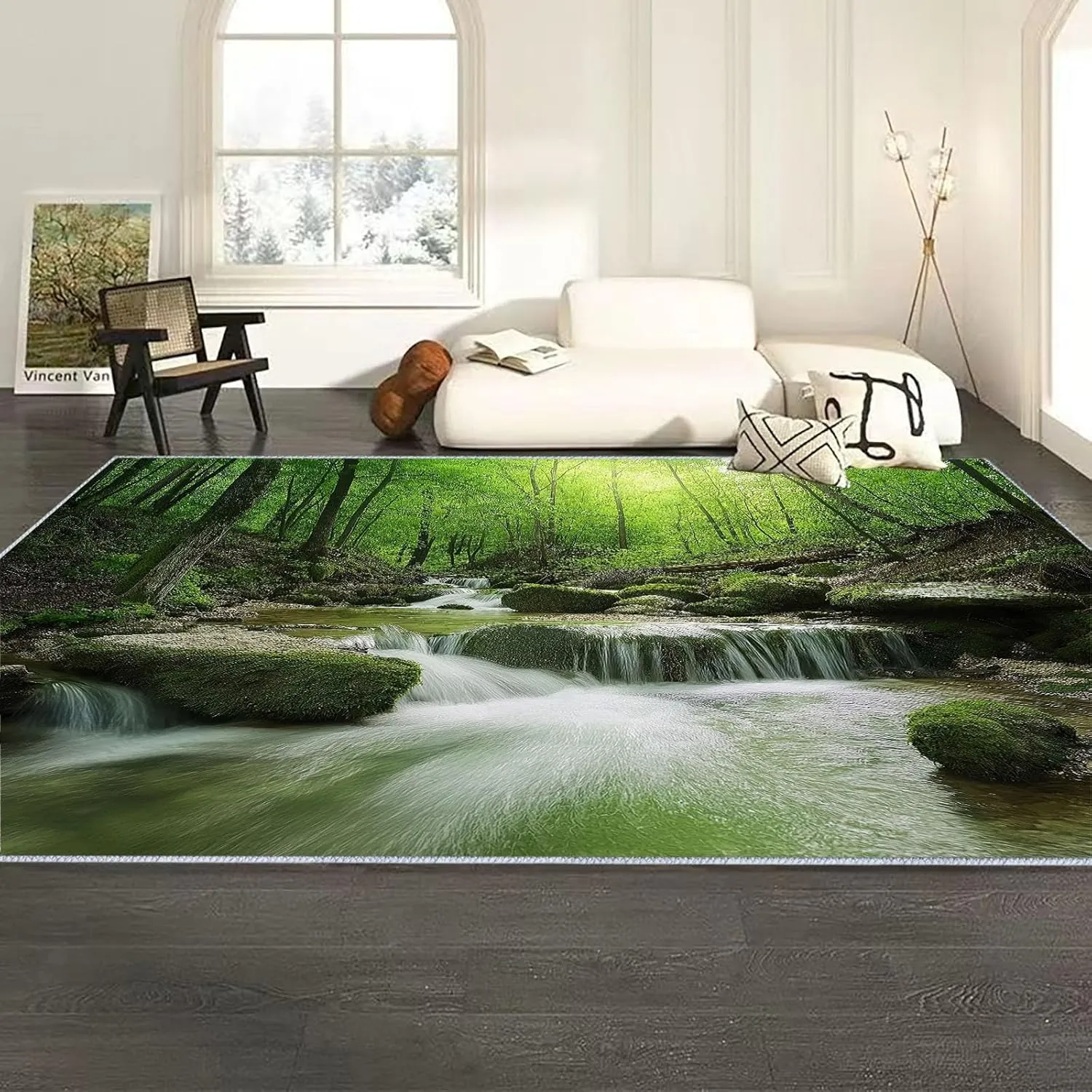 Washable Area Rugs 4 x 6 ft Carpet, Jungle Scenery River Decor Rugs, Rock Plants Long Runner Non-Slip Rugs, Pet & Child Friendly Carpets, for Living Room Bedroom Kids Room