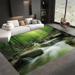 Washable Area Rugs 4 x 6 ft Carpet, Jungle Scenery River Decor Rugs, Rock Plants Long Runner Non-Slip Rugs, Pet & Child Friendly Carpets, for Living Room Bedroom Kids Room
