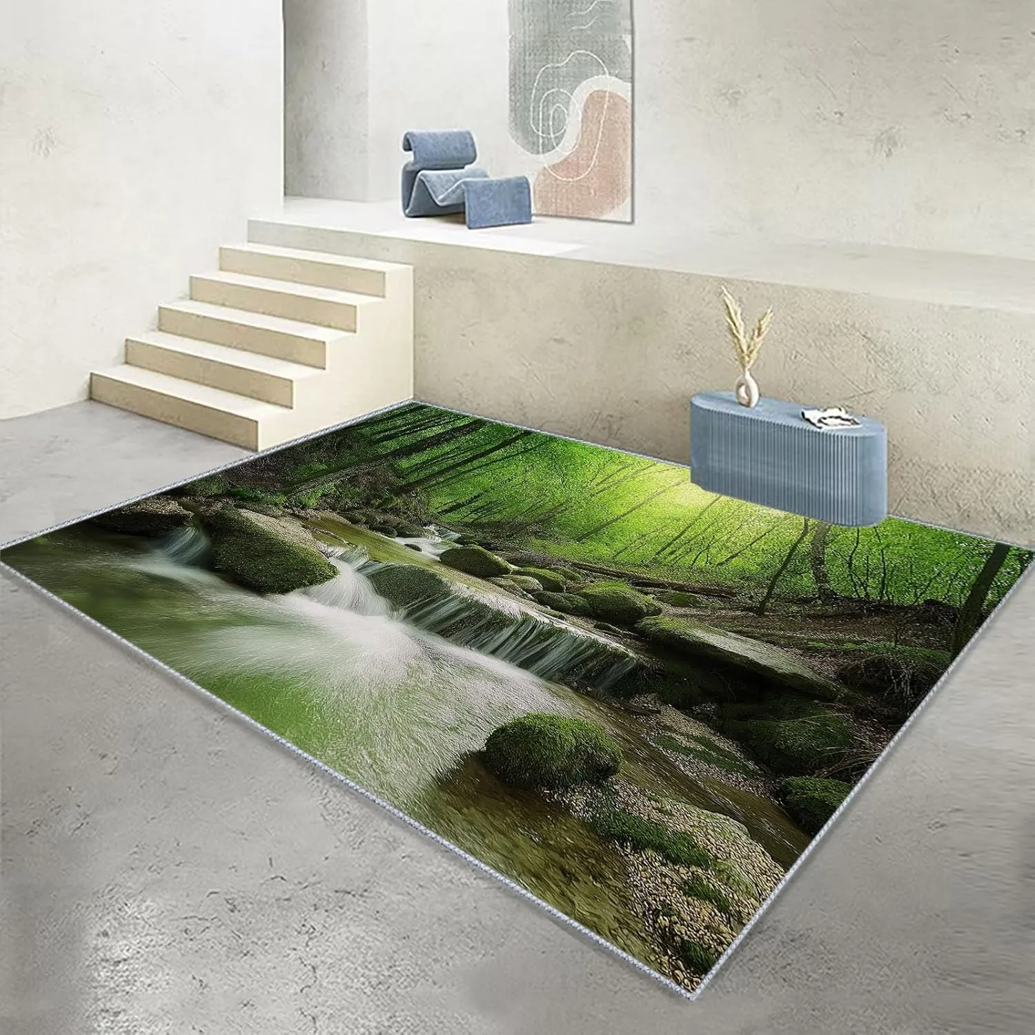 Washable Area Rugs 4 x 6 ft Carpet, Jungle Scenery River Decor Rugs, Rock Plants Long Runner Non-Slip Rugs, Pet & Child Friendly Carpets, for Living Room Bedroom Kids Room