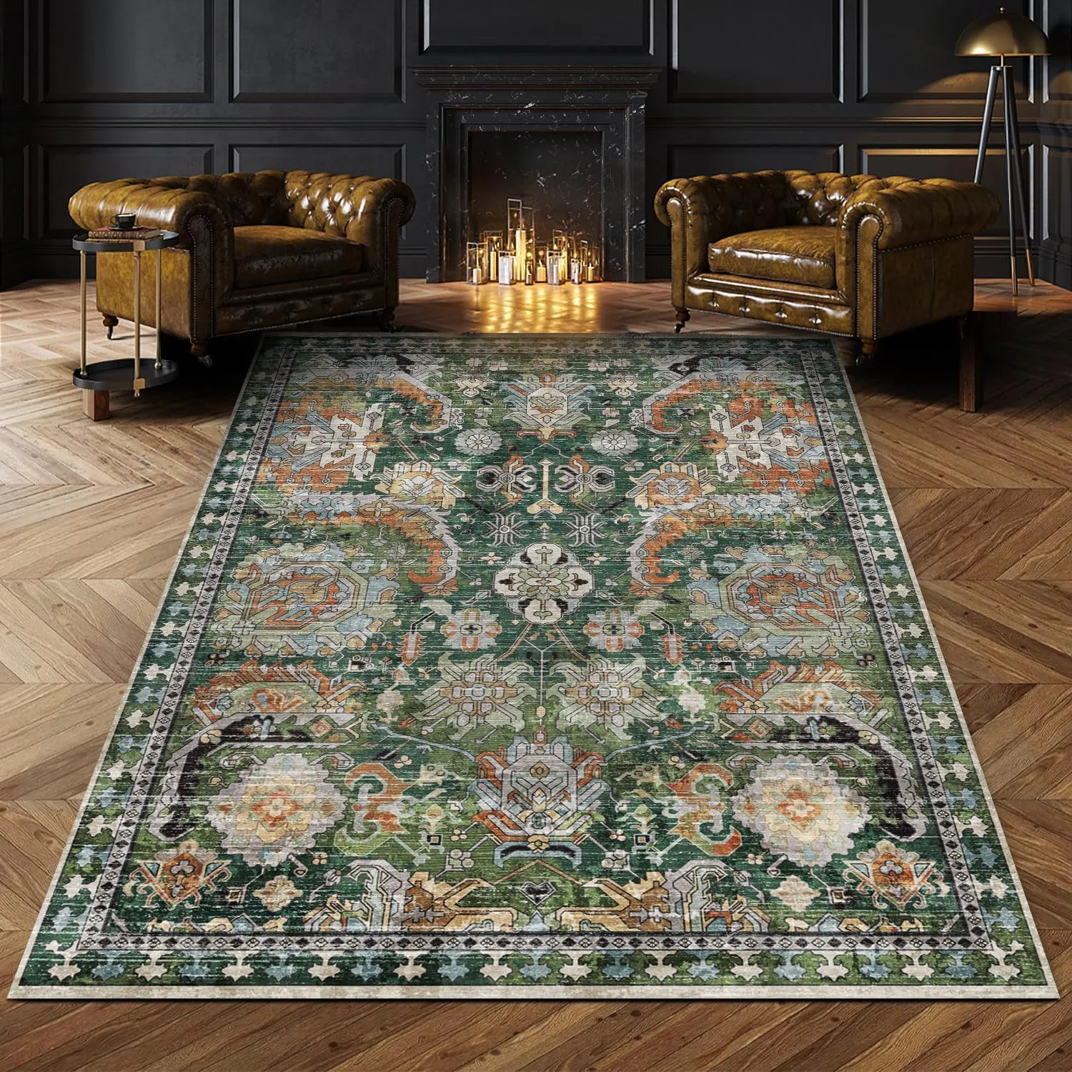 Washable Area Rugs - Perfect for Living Room, Bedroom, Kids Room, Nursery - Stain & Water Resistant Non-Slip, Pet & Child Friendly, Vintage Tribal Area Rugs (Green, 6' x 9')