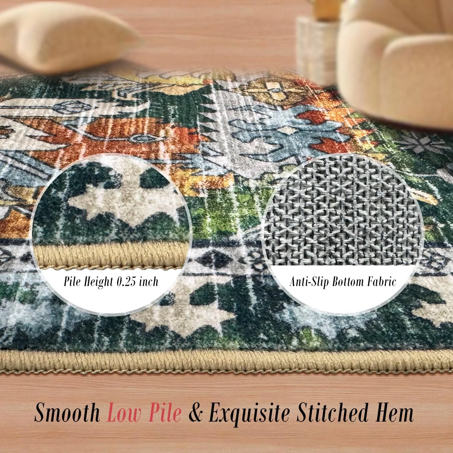 Washable Area Rugs - Perfect for Living Room, Bedroom, Kids Room, Nursery - Stain & Water Resistant Non-Slip, Pet & Child Friendly, Vintage Tribal Area Rugs (Green, 6' x 9')