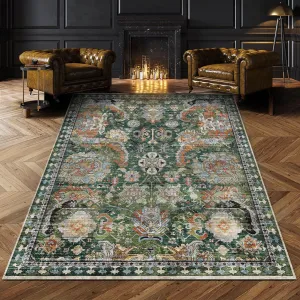 Washable Area Rugs - Perfect for Living Room, Bedroom, Kids Room, Nursery - Stain & Water Resistant Non-Slip, Pet & Child Friendly, Vintage Tribal Area Rugs (Green, 6' x 9')