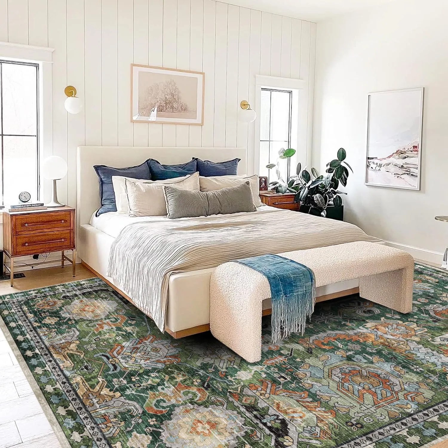 Washable Area Rugs - Perfect for Living Room, Bedroom, Kids Room, Nursery - Stain & Water Resistant Non-Slip, Pet & Child Friendly, Vintage Tribal Area Rugs (Green, 6' x 9')