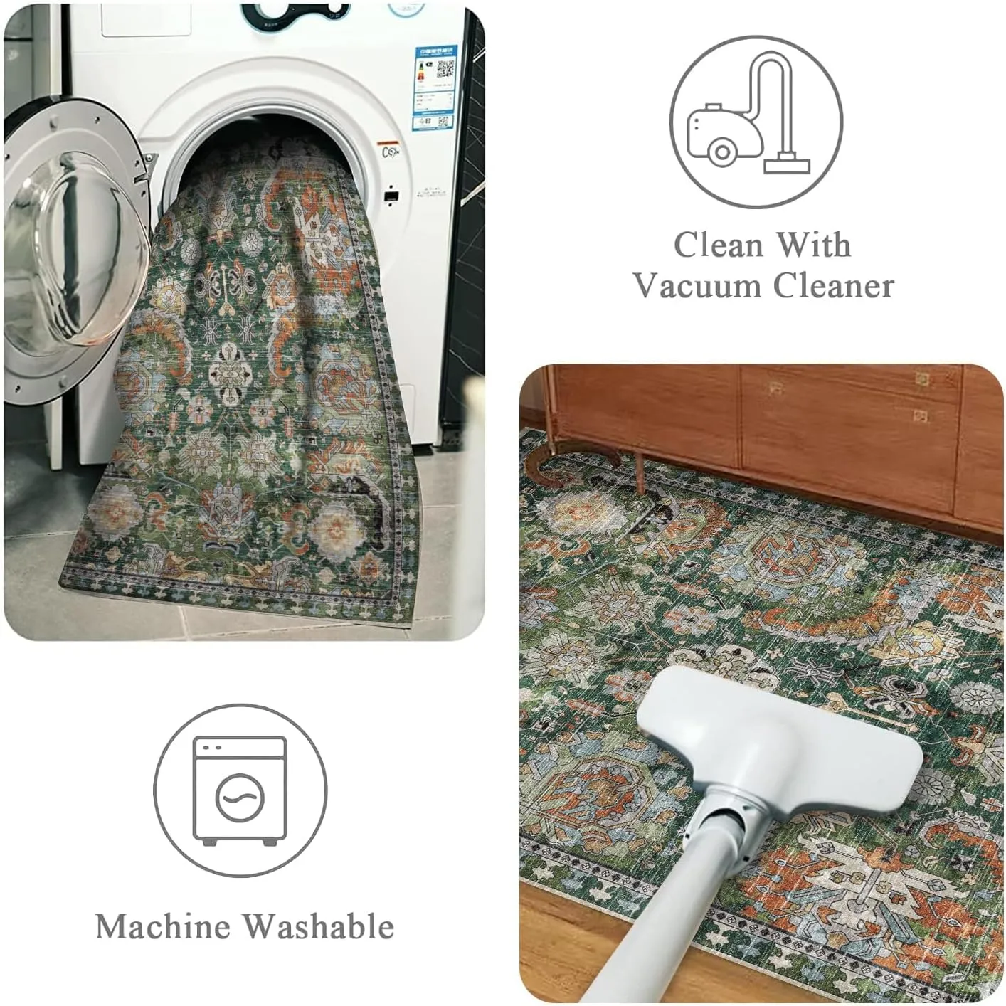 Washable Area Rugs - Perfect for Living Room, Bedroom, Kids Room, Nursery - Stain & Water Resistant Non-Slip, Pet & Child Friendly, Vintage Tribal Area Rugs (Green, 6' x 9')