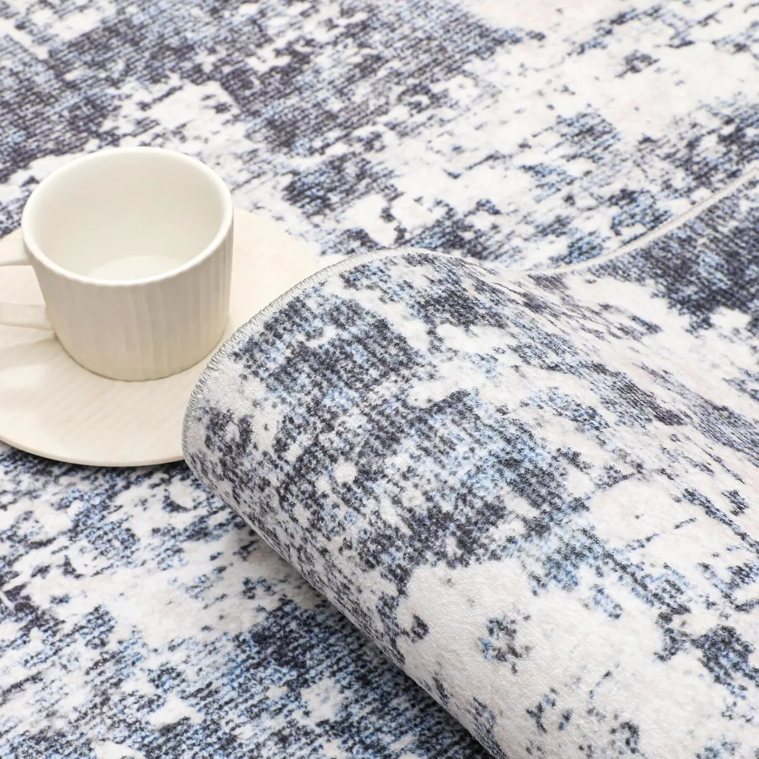 Washable Blue Runner Rug 2x6 Modern Abstract Hallway Carpet Neutral Soft Long Kitchen Runner Low Pile Non Slip Indoor Throw Rug for Entryway Bathroom Bedroom Laundry Living Room