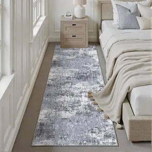 Washable Blue Runner Rug 2x6 Modern Abstract Hallway Carpet Neutral Soft Long Kitchen Runner Low Pile Non Slip Indoor Throw Rug for Entryway Bathroom Bedroom Laundry Living Room