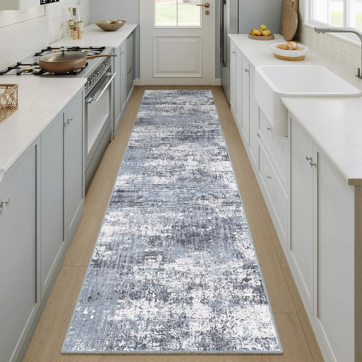 Washable Blue Runner Rug 2x6 Modern Abstract Hallway Carpet Neutral Soft Long Kitchen Runner Low Pile Non Slip Indoor Throw Rug for Entryway Bathroom Bedroom Laundry Living Room