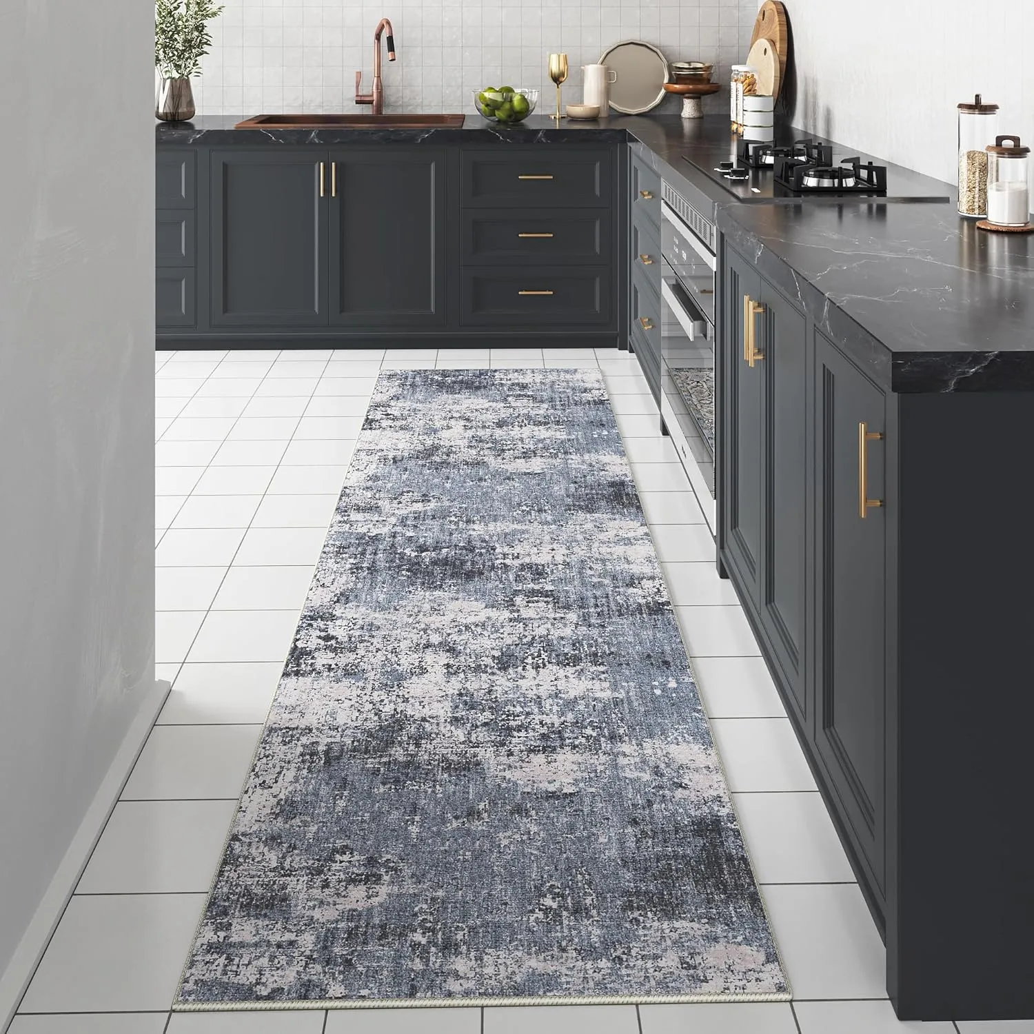 Washable Blue Runner Rug 2x6 Modern Abstract Hallway Carpet Neutral Soft Long Kitchen Runner Low Pile Non Slip Indoor Throw Rug for Entryway Bathroom Bedroom Laundry Living Room