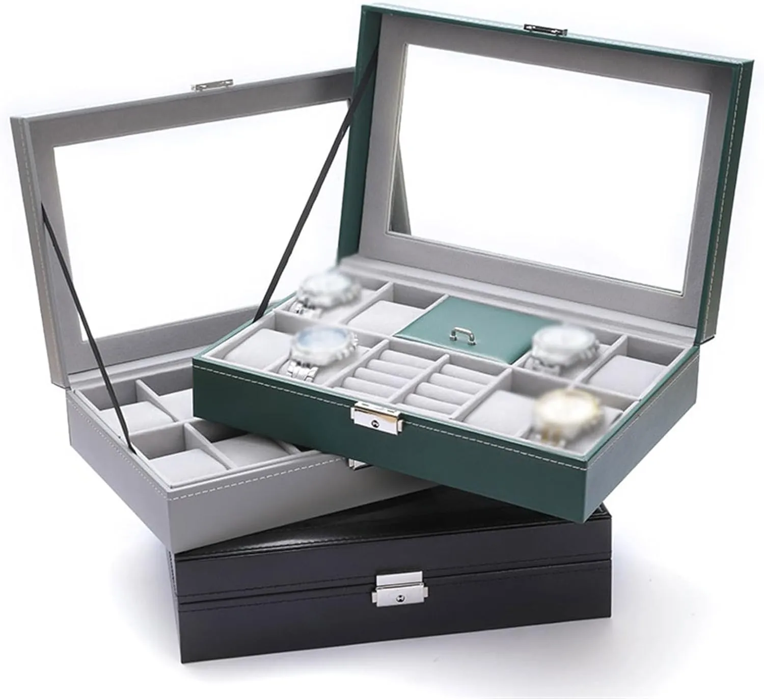 Watch Box Organizer Multifunctional Jewelry Storage Box Ring Watch Organizer PU Leather Watch Holder Jewelry Display Box watch case(Black)