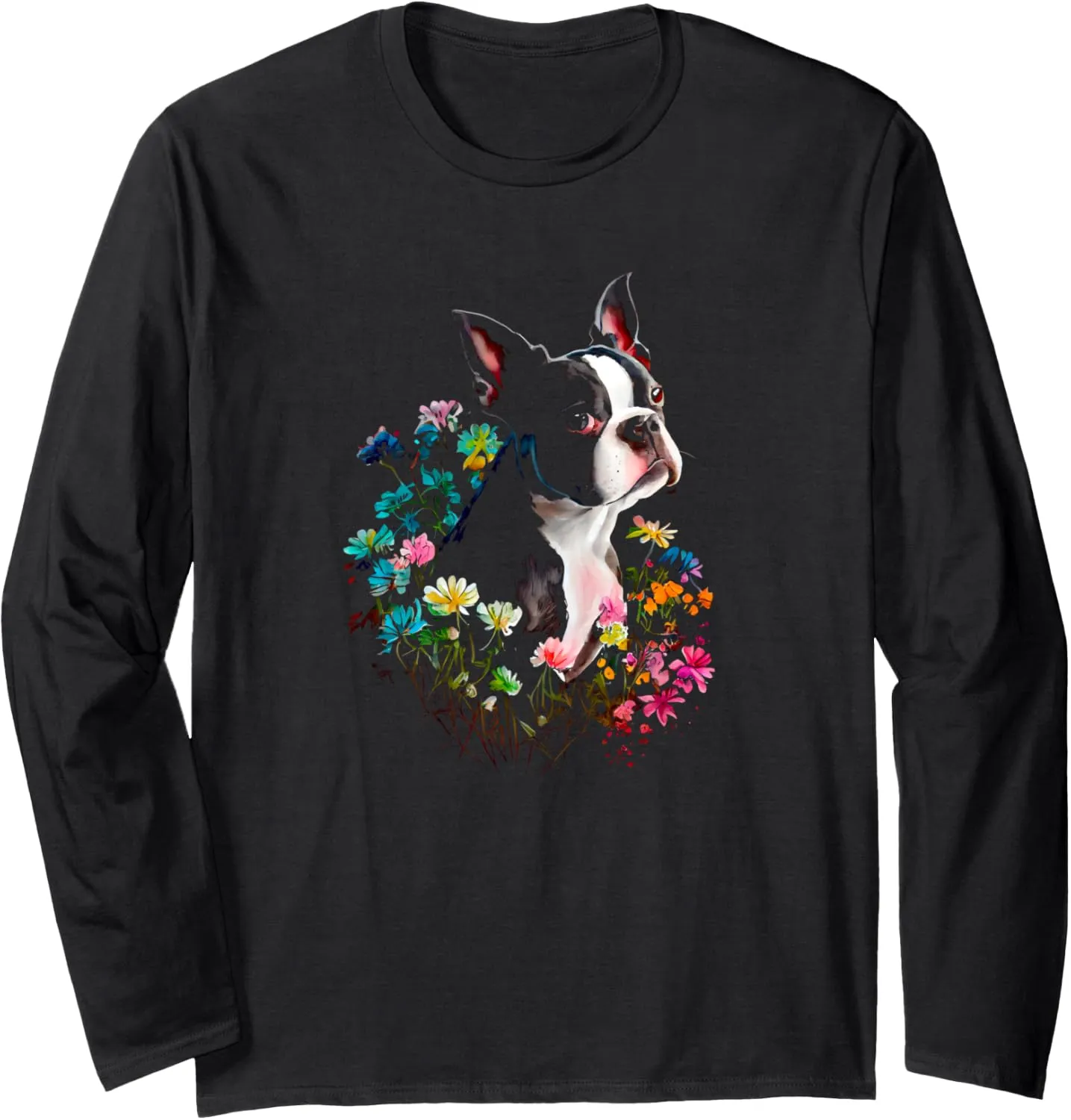 Watercolor Boston Terrier with flowers - Bostie Long Sleeve T-Shirt