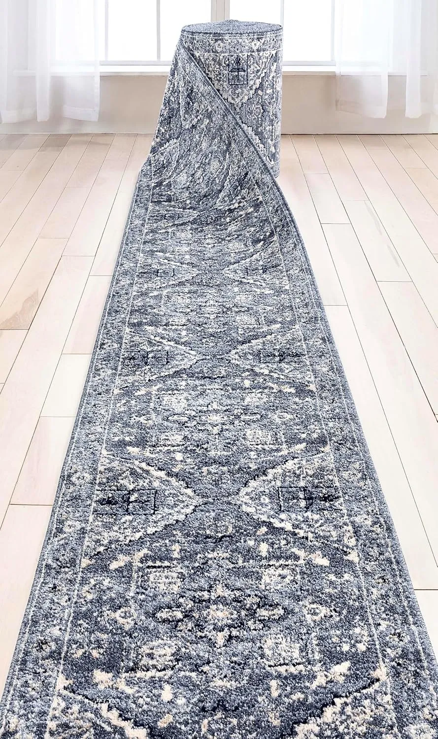 Well Woven Custom Size Hallway & Stair Runner - Omaha Camilla Medallion Denim Blue 27 Inches Wide x 17 Feet Long Runner (27" x 17' Runner) Rug - Kid & Pet Friendly, Easy to Clean, Soft Pile