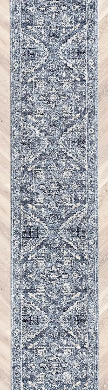 Well Woven Custom Size Hallway & Stair Runner - Omaha Camilla Medallion Denim Blue 27 Inches Wide x 17 Feet Long Runner (27" x 17' Runner) Rug - Kid & Pet Friendly, Easy to Clean, Soft Pile