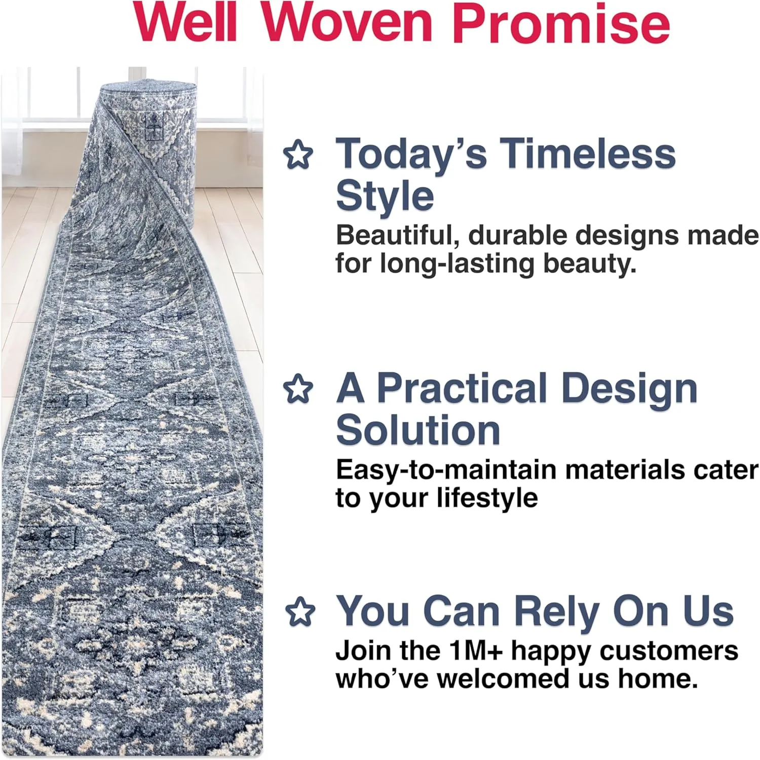 Well Woven Custom Size Hallway & Stair Runner - Omaha Camilla Medallion Denim Blue 27 Inches Wide x 17 Feet Long Runner (27" x 17' Runner) Rug - Kid & Pet Friendly, Easy to Clean, Soft Pile