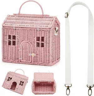 Wettarn Handmade Rattan Doll House Rattan House Shape Shoulder Bag Wicker Basket with Lid for Doll Toys Storage Basket Small Dollhouses Cute Woven Handcrafted Artwork Gift(Pink)