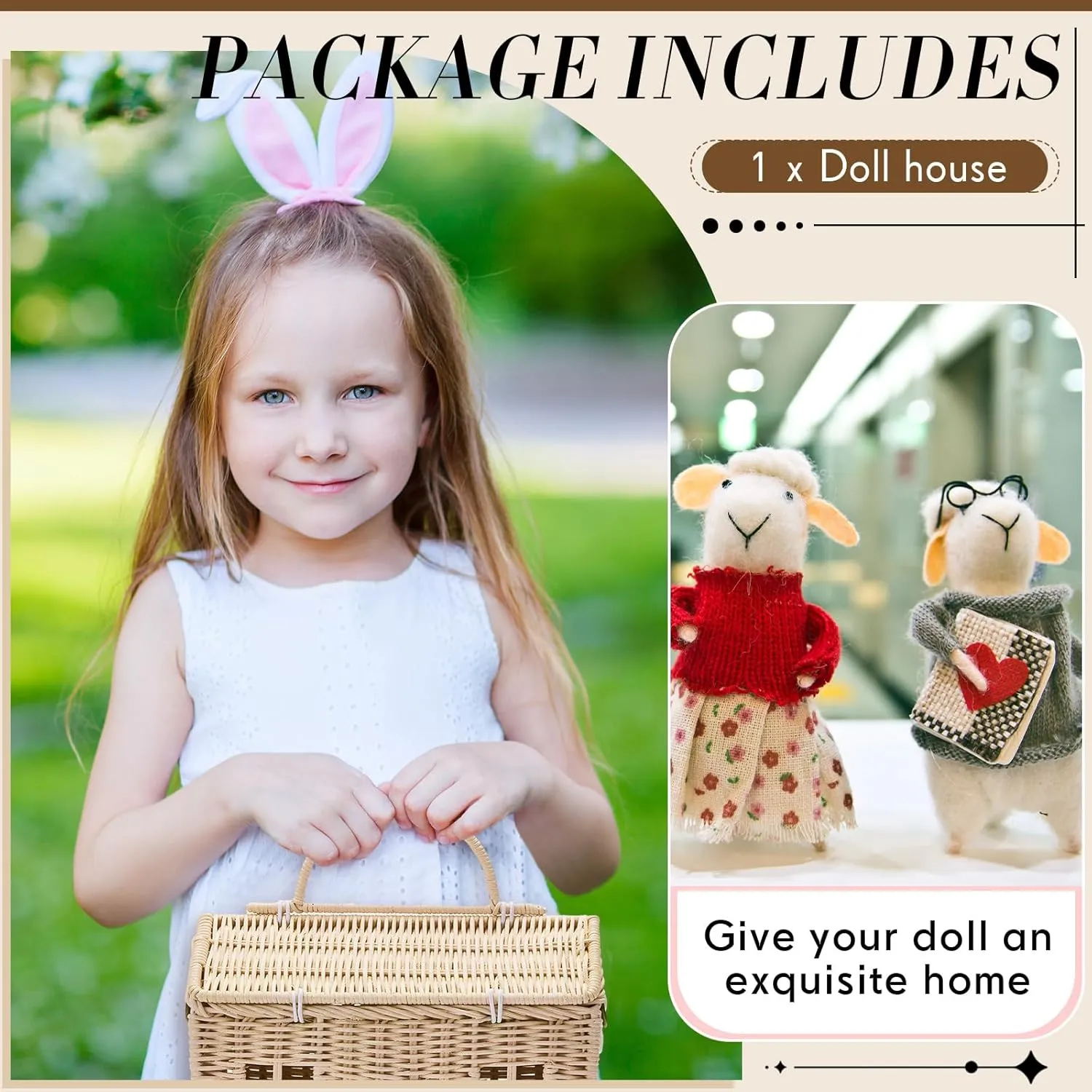 Wettarn Handmade Rattan Doll House Rattan House Shape Shoulder Bag Wicker Basket with Lid for Doll Toys Storage Basket Small Dollhouses Cute Woven Handcrafted Artwork Gift(Wood Color)