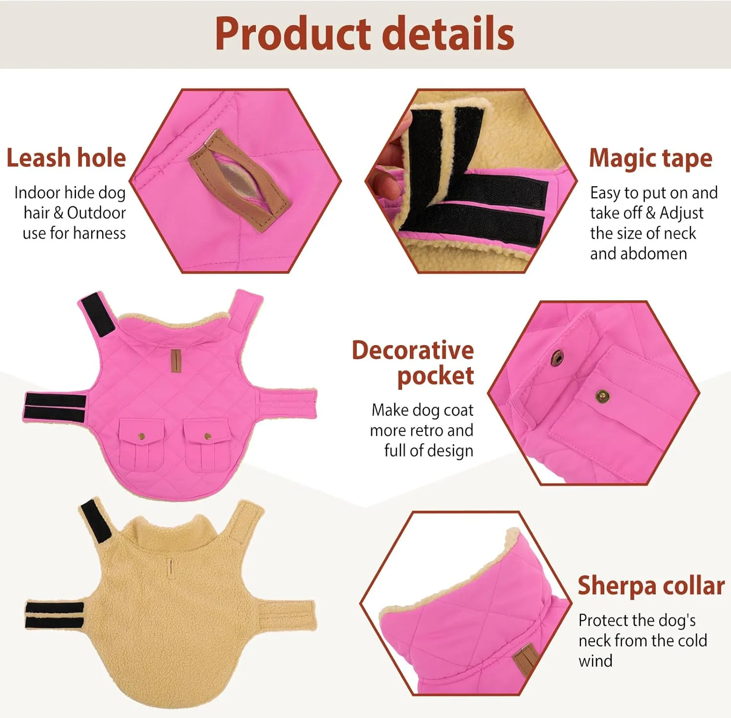 Winter Coat for Medium Dogs, Puppy Plaid Jacket, Cotton Coat for Cold Weather, Windproof Warm Dog Garments, Pet Thickened Outfits Indoor Outdoor, Pink M