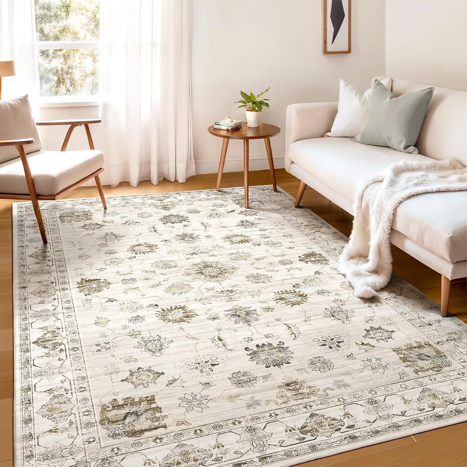 WITSHOCK Living Room Area Rugs 5x7: Washable Rug Boho Soft Non-Slip Low Pile Stain Resistant Foldable Carpet for Bedroom Playroom Dining Room Office Kitchen Farmhouse Home Decor Rug-Camel