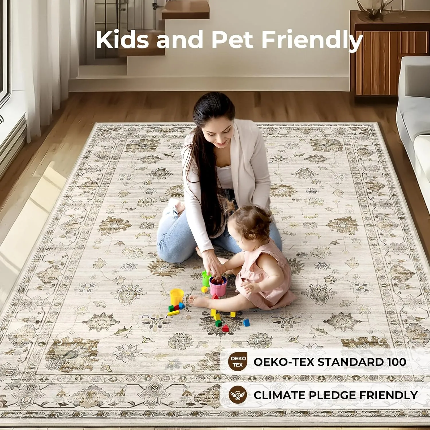 WITSHOCK Living Room Area Rugs 5x7: Washable Rug Boho Soft Non-Slip Low Pile Stain Resistant Foldable Carpet for Bedroom Playroom Dining Room Office Kitchen Farmhouse Home Decor Rug-Camel