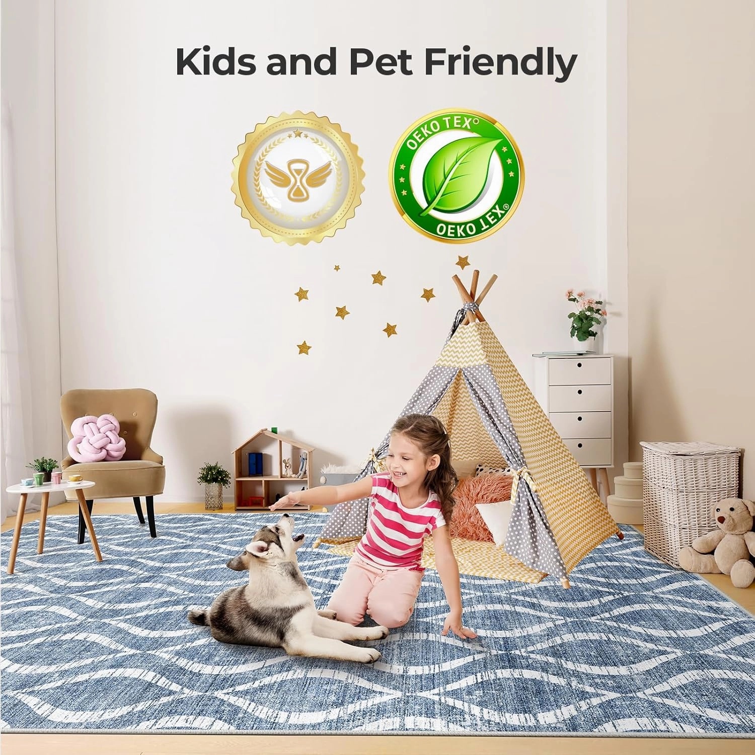 WITSHOCK Area Rugs for Living Room 5x7: Washable Non-Slip Soft Geometric Large Indoor Rug for Bedroom Dining Room, Low Pile Boho Pattern Carpet for Nursery Playroom Decor, Kid & Pet Friendly, Blue