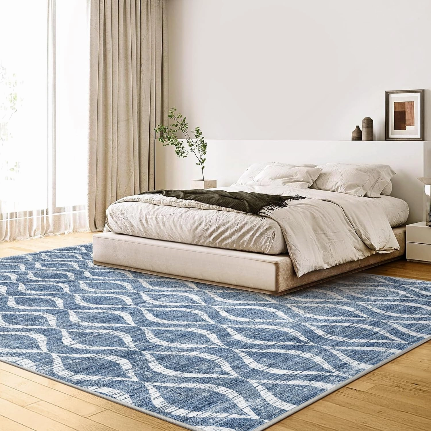 WITSHOCK Area Rugs for Living Room 5x7: Washable Non-Slip Soft Geometric Large Indoor Rug for Bedroom Dining Room, Low Pile Boho Pattern Carpet for Nursery Playroom Decor, Kid & Pet Friendly, Blue