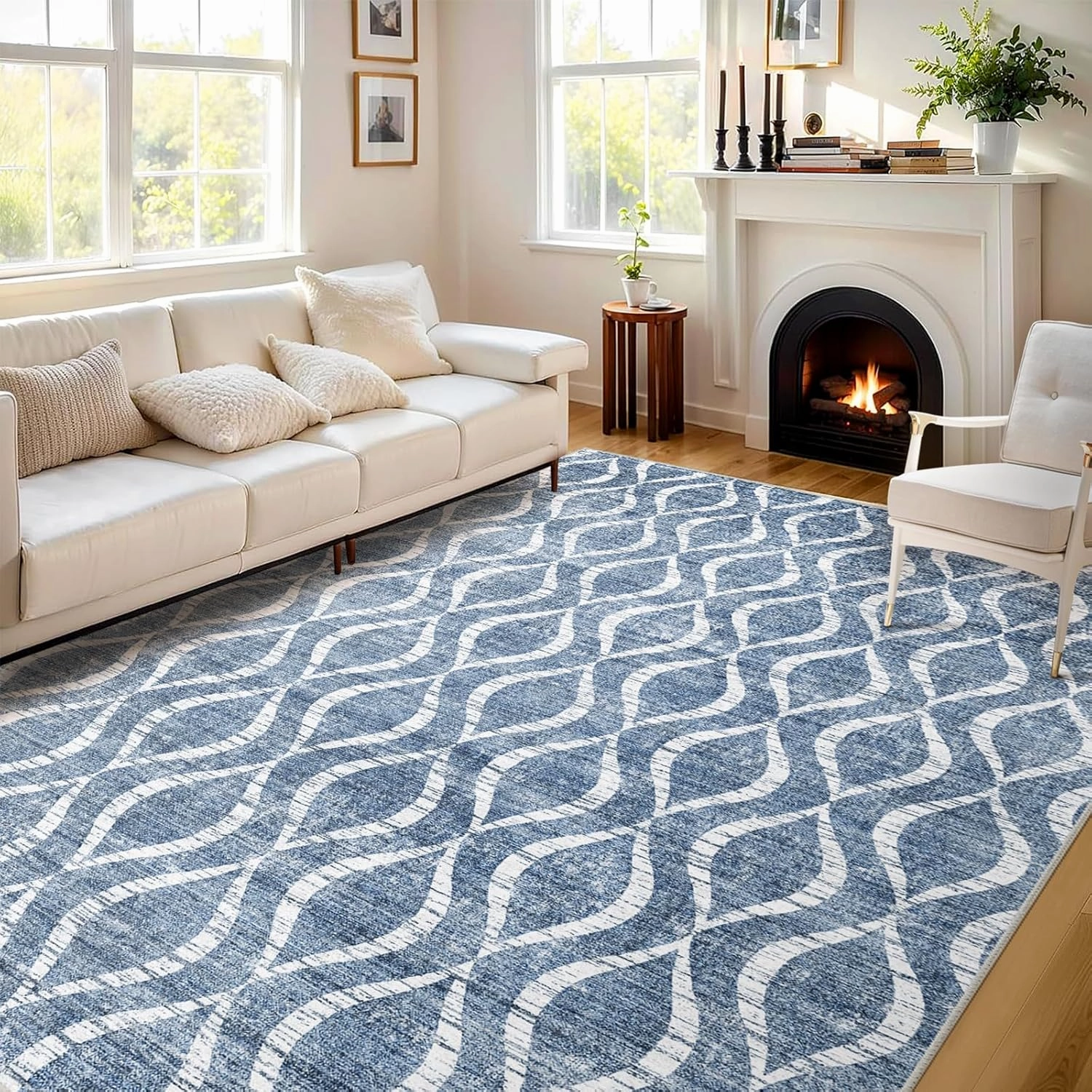 WITSHOCK Area Rugs for Living Room 5x7: Washable Non-Slip Soft Geometric Large Indoor Rug for Bedroom Dining Room, Low Pile Boho Pattern Carpet for Nursery Playroom Decor, Kid & Pet Friendly, Blue