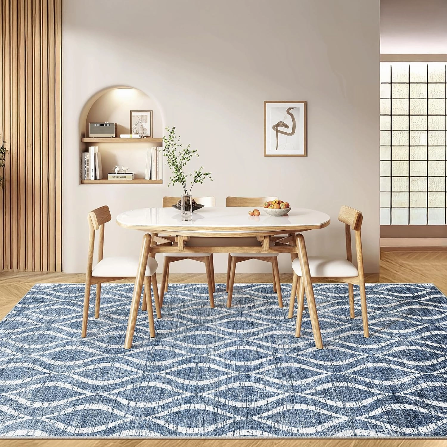 WITSHOCK Area Rugs for Living Room 5x7: Washable Non-Slip Soft Geometric Large Indoor Rug for Bedroom Dining Room, Low Pile Boho Pattern Carpet for Nursery Playroom Decor, Kid & Pet Friendly, Blue
