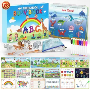 WJPC 53 Designs Busy Book for Toddlers 1,2,3,4,5,6 Years. Preschool Learning Busy Board Kids Boys&Girls Quiet Montessori Toddler Activity Book, Tracing Coloring Book