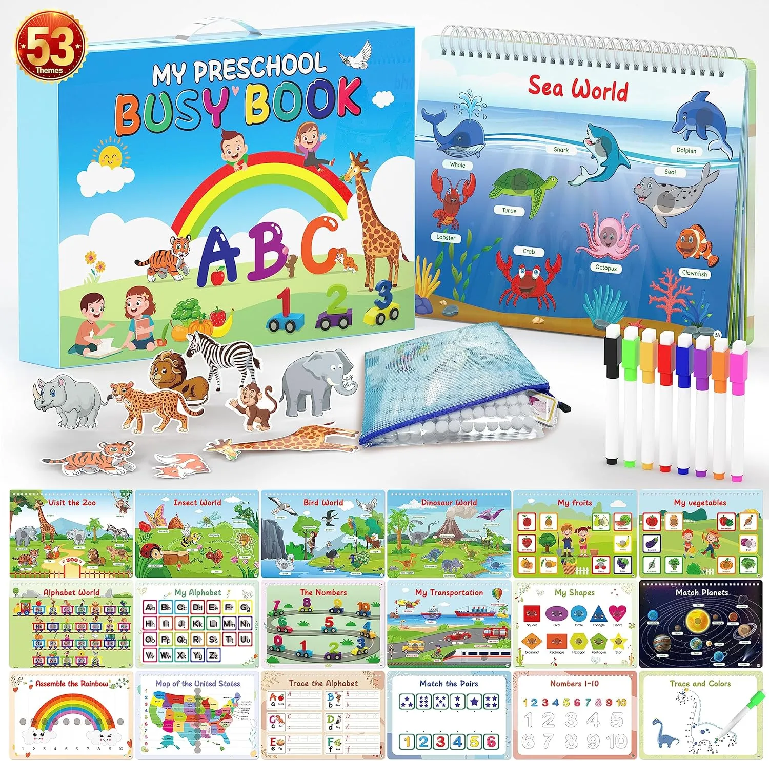 WJPC 53 Designs Busy Book for Toddlers 1,2,3,4,5,6 Years. Preschool Learning Busy Board Kids Boys&Girls Quiet Montessori Toddler Activity Book, Tracing Coloring Book