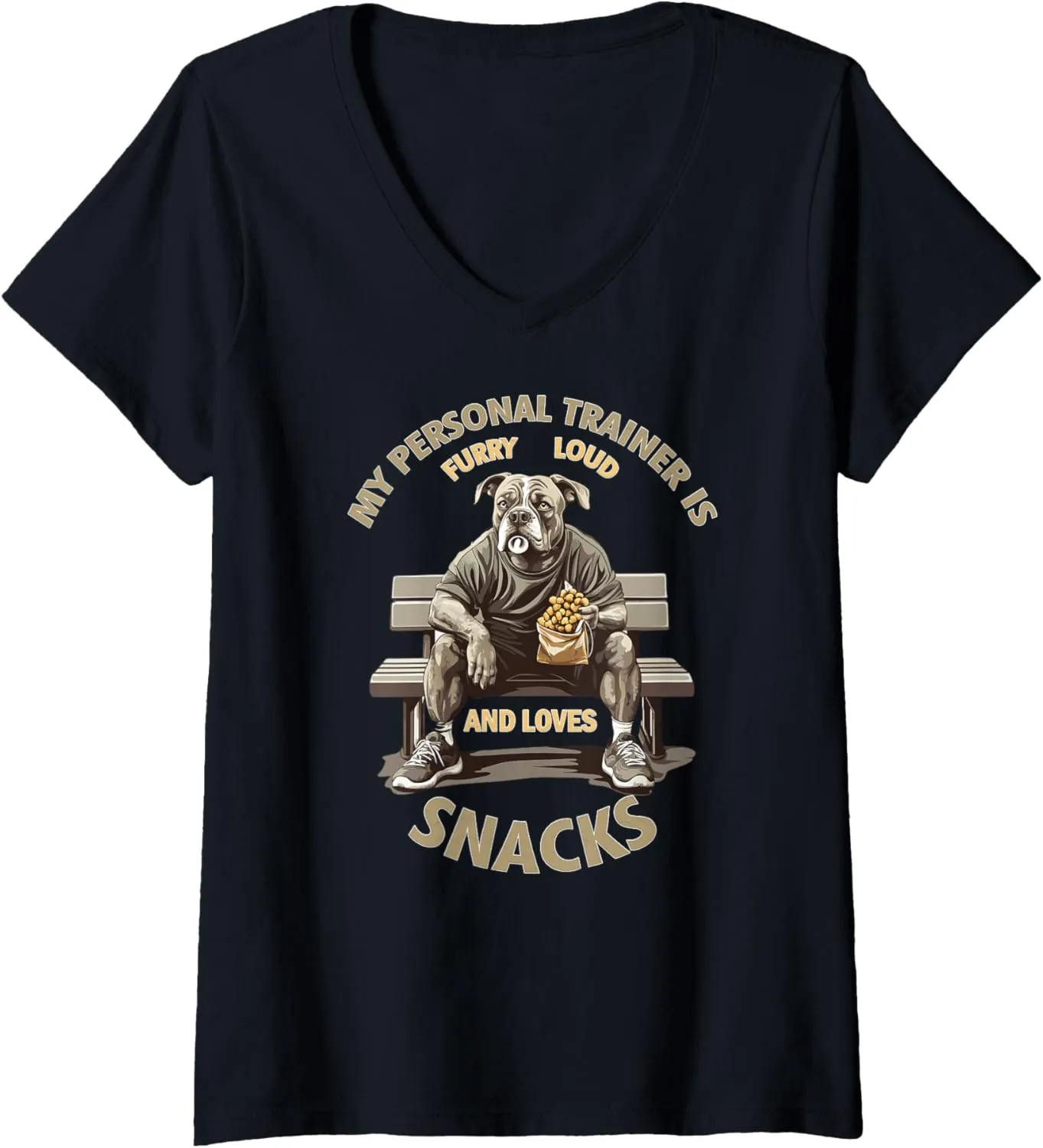 Womens MY PERSONAL TRAINER IS LOUD AND LOVES SNACKS V-Neck T-Shirt