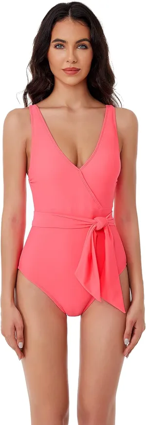 Women's Standard Megan One Piece Swimsuit, V-Neck, Wraparound Waist Tie, Bathing Suits