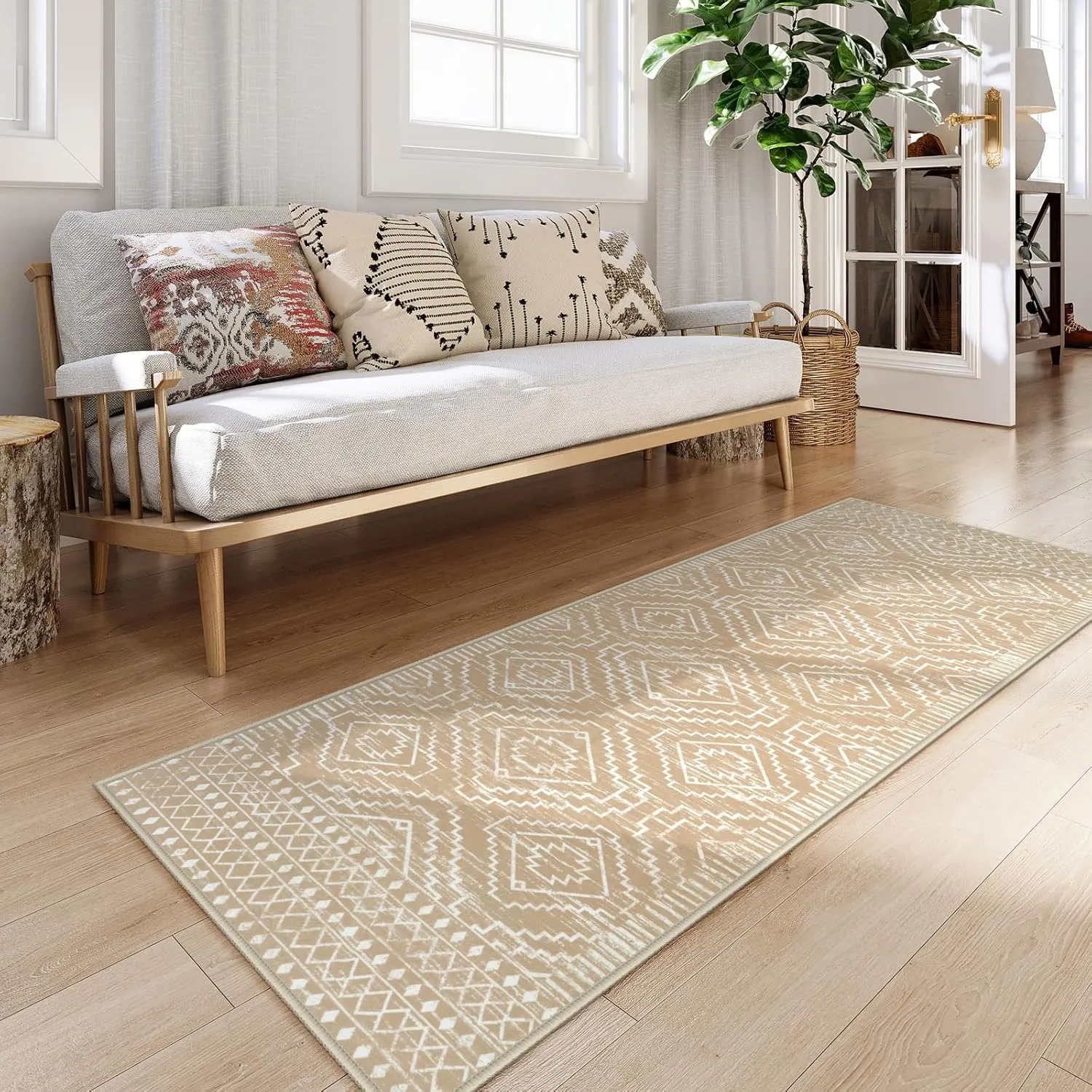 Wonnitar Moroccan Washable Kitchen Runner Rug 2'6"x8', Non-Slip Boho Rug Runners for Hallways, Farmhouse Floor Carpet Soft Runner for Bathroom Hall Entyway (Kakhi,2'6"x8')