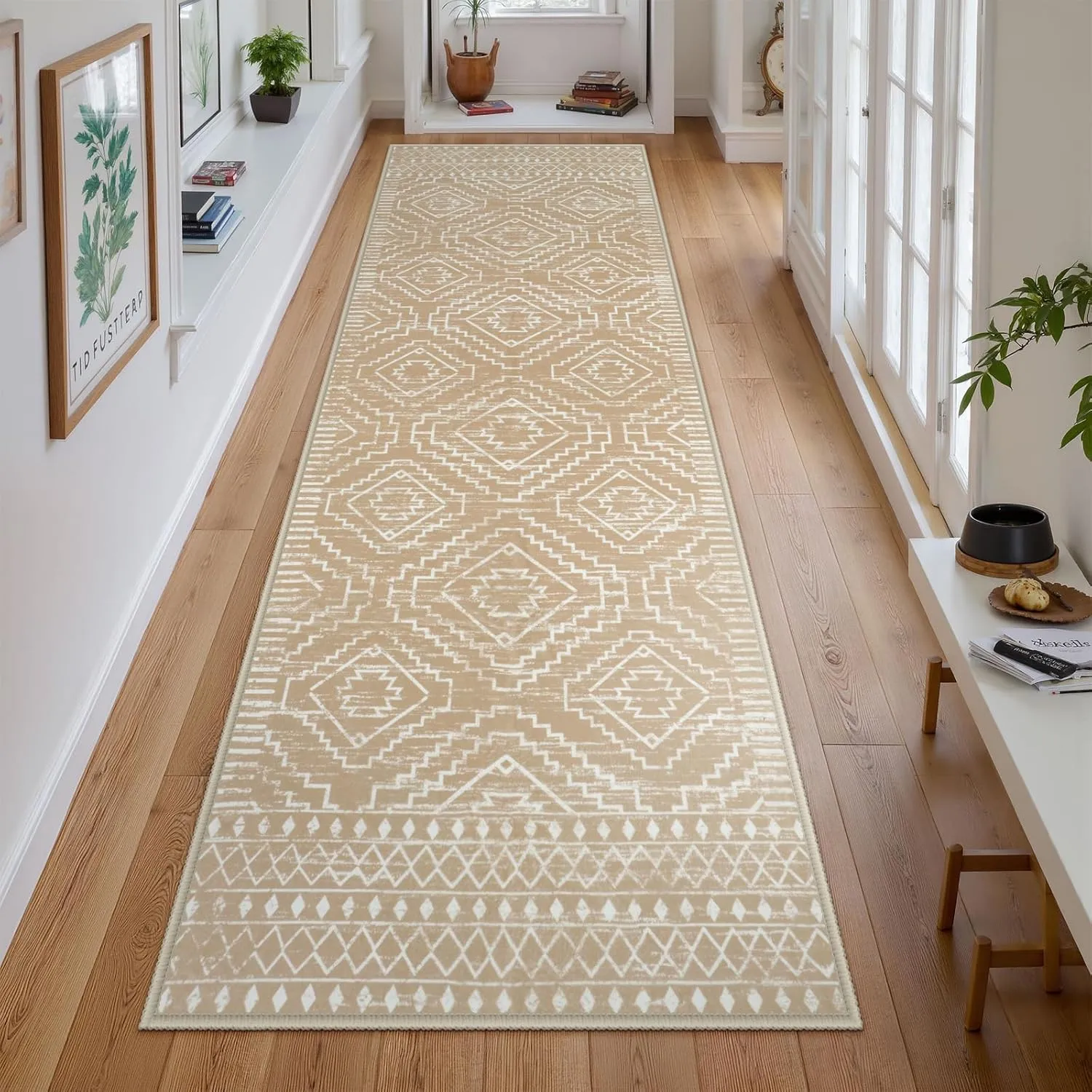 Wonnitar Moroccan Washable Kitchen Runner Rug 2'6"x8', Non-Slip Boho Rug Runners for Hallways, Farmhouse Floor Carpet Soft Runner for Bathroom Hall Entyway (Kakhi,2'6"x8')