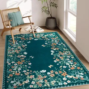 Wonnitar Washable 5x7 Rug, Blue Botanical Area Rugs for Living Room, Non-Slip Soft Rug for Bedroom, Vintage Low Pile Dining Room Floral Rug Carpet for Bedside Mud Room (Blue,5'x7')